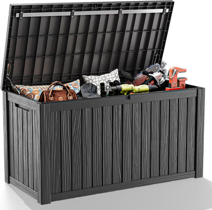 DRATO 35 Gallon Outdoor Storage Box Waterproof, Resin Small Deck Box for Patio Furniture Bench, Pool Garden Tools, Weatherproof Outside Storage Bin for Backyard Porch (Black, 35 Gallon)