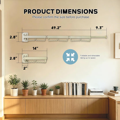 Wall Mounted Drying Rack, Foldable and Expandable, Milky White, with 30 Hooks, for Laundry Room, Balcony, Bathroom