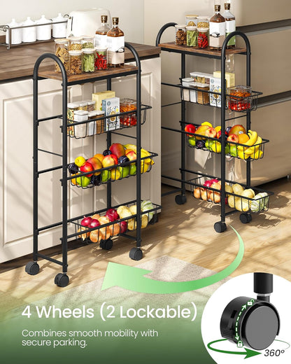 CHOEZON Slim Storage Cart, Storage Shelf on Wheels, Storage Rack with Pull-Out Baskets, Movable Cart with Handles, for Kitchen, Laundry Room, Living Room, Black and Rustic Brown TTC05BF