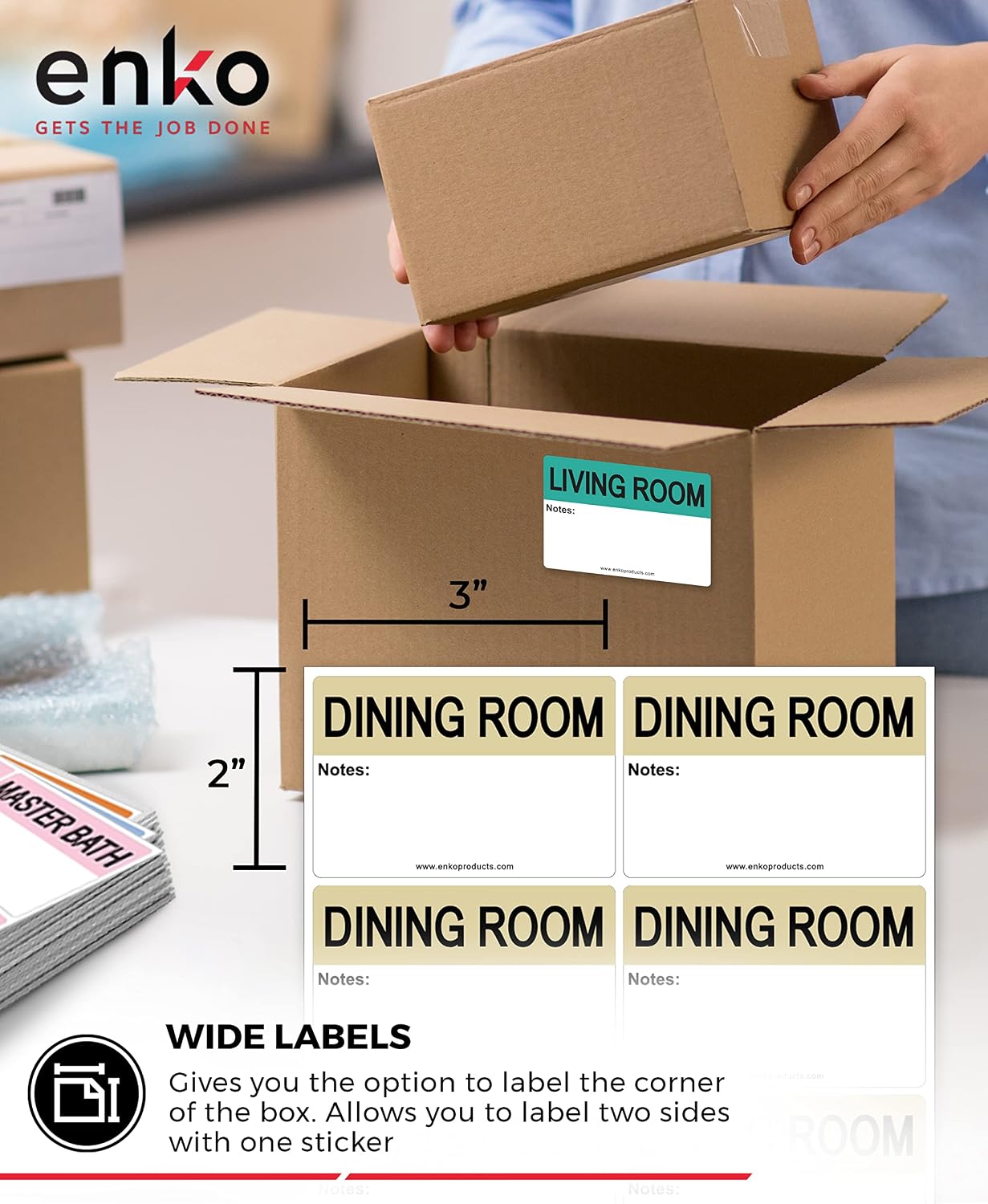enKo - 2 x 3 Inch Extra Large Home Moving Packing Labels Stickers for Box - Color Coded for Boxes, Packing Box Fragile Stickers (800 Labels, 4 Bedroom House)