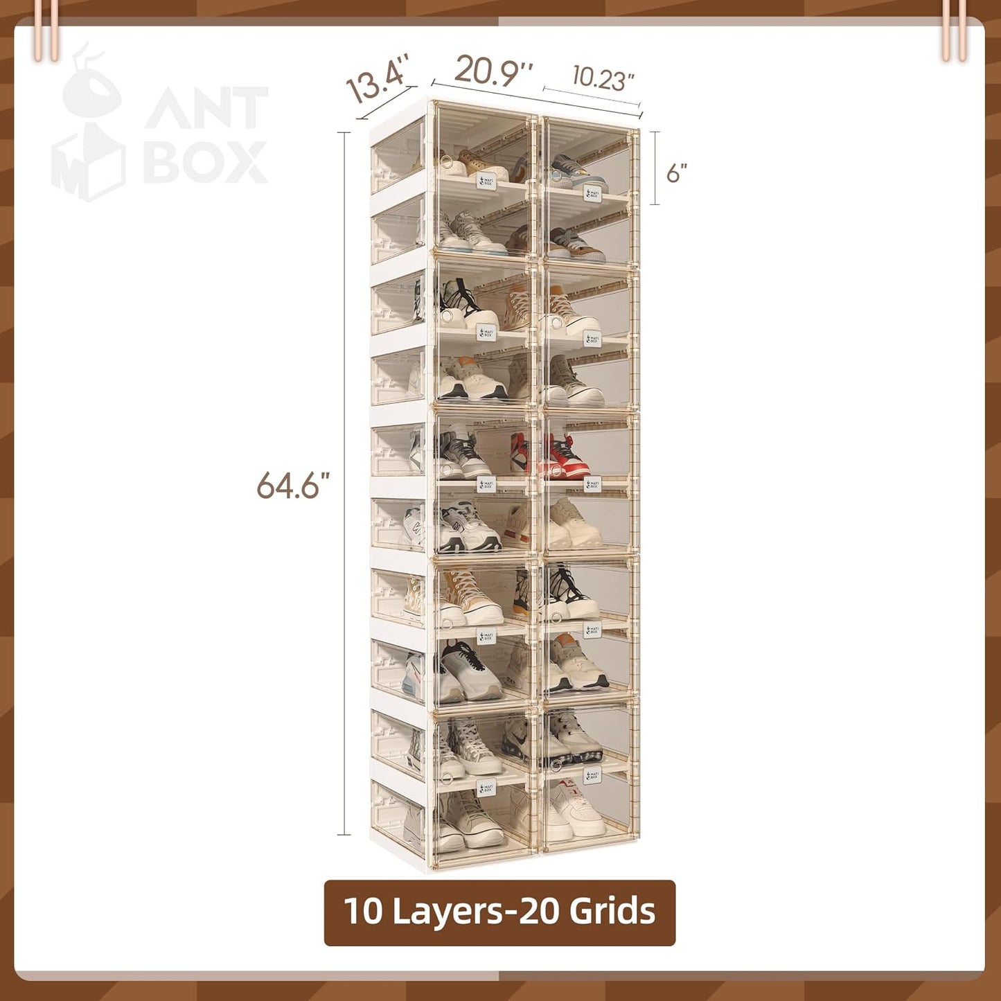 ANTBOX Collapsible Shoe Boxes Clear Plastic Stackable, Quick Setup Drop Front Shoe Organizer, Display Storage Cabinet for Sneakers10 Tiers 20 Pairs