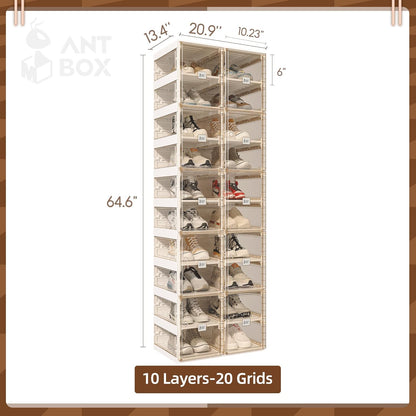 ANTBOX Collapsible Shoe Boxes Clear Plastic Stackable, Quick Setup Drop Front Shoe Organizer, Display Storage Cabinet for Sneakers10 Tiers 20 Pairs