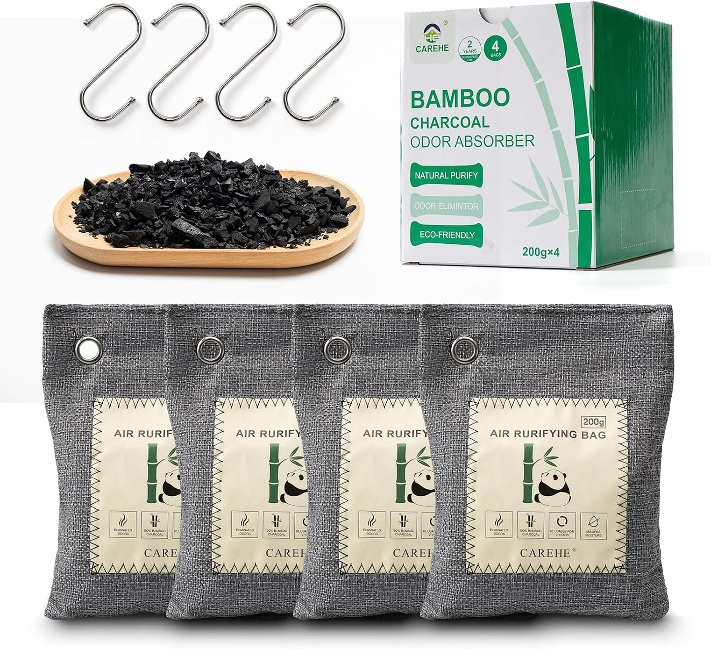 Activated Charcoal Odor Eliminator, Bamboo Charcoal Air Purifying Bags,Odor Removing Packs, Shoe Deodorizer Natural Odor Absorber for Home, Car, Closet, and Pet (200g*4 Pack)