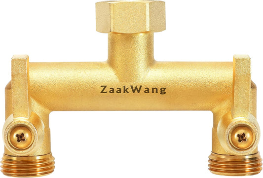 Heavy Duty Brass 2-Way Garden Hose Splitter, 3/4" GHT Threads, Metal Shutoff Valve, Long Handle