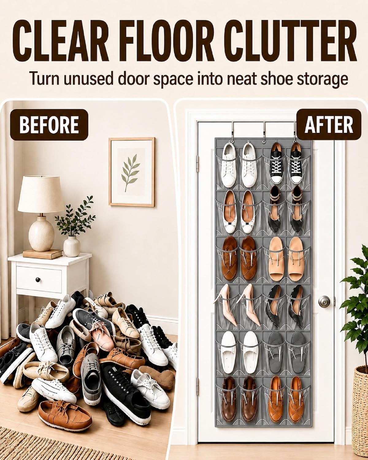 Over the Door Shoe Organizer with 24 Crystal Clear Pockets and Metal Hooks – Heavy Duty Hanging Shoe Storage Rack for Closet, Bathroom, Dorm – Space Saving for Shoes, Accessories, Toys (White)