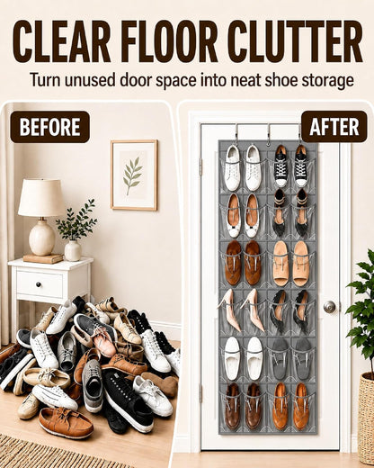 Over the Door Shoe Organizer with 24 Crystal Clear Pockets and Metal Hooks – Heavy Duty Hanging Shoe Storage Rack for Closet, Bathroom, Dorm – Space Saving for Shoes, Accessories, Toys (White)