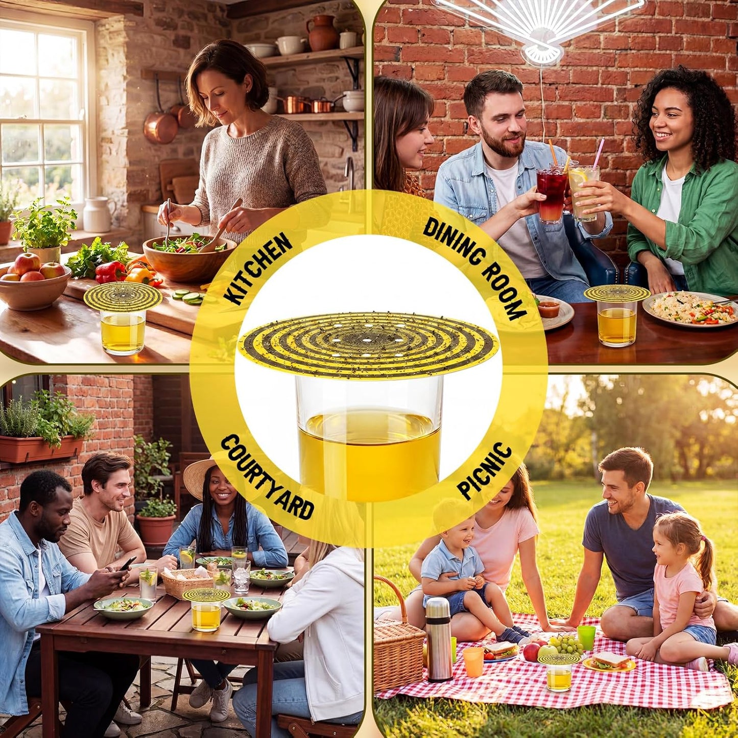 100 Pack Fruit Fly Trap Covers, Single-Sided Sticky Paper Lids, 8 Vent Holes for Vinegar/Wine Bait, Fits Cups & Jars for Indoor Kitchen & Pantry Gnat Control (Round,Yellow)