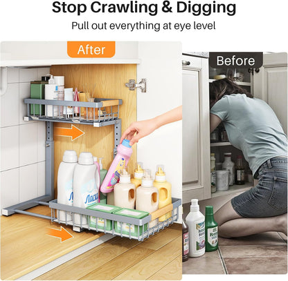 PXRACK Under Sink Organizer, Adjustable Height, 2 Tier Pull Out Under Cabinet Organizer, Slide Out Thickened Metal Under Sink Storage for Kitchen Bathroom Laundry Pantry Cabinet, White, Large-1-Pack