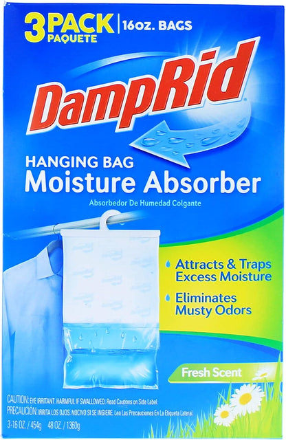 DampRid Hanging Bag, Moisture Absorber, Pack of 3 (16 oz. ea.), 3 Pack, Blue