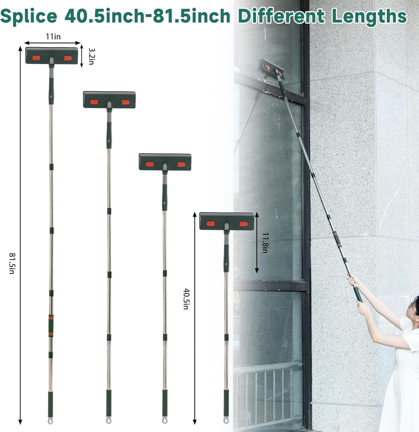 Window Squeegee Cleaner Tool with Extension Pole (81.5inch), 2-in-1 Squeegee for Window Cleaning Kit with Scrubber, Add Extra Pole Attachment Bendable Microfiber Feather Duster