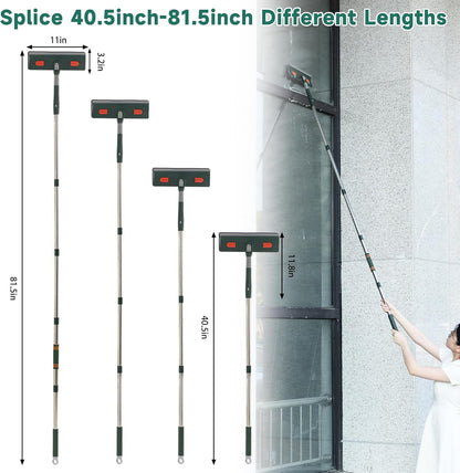 Window Squeegee Cleaner Tool with Extension Pole (81.5inch), 2-in-1 Squeegee for Window Cleaning Kit with Scrubber, Add Extra Pole Attachment Bendable Microfiber Feather Duster