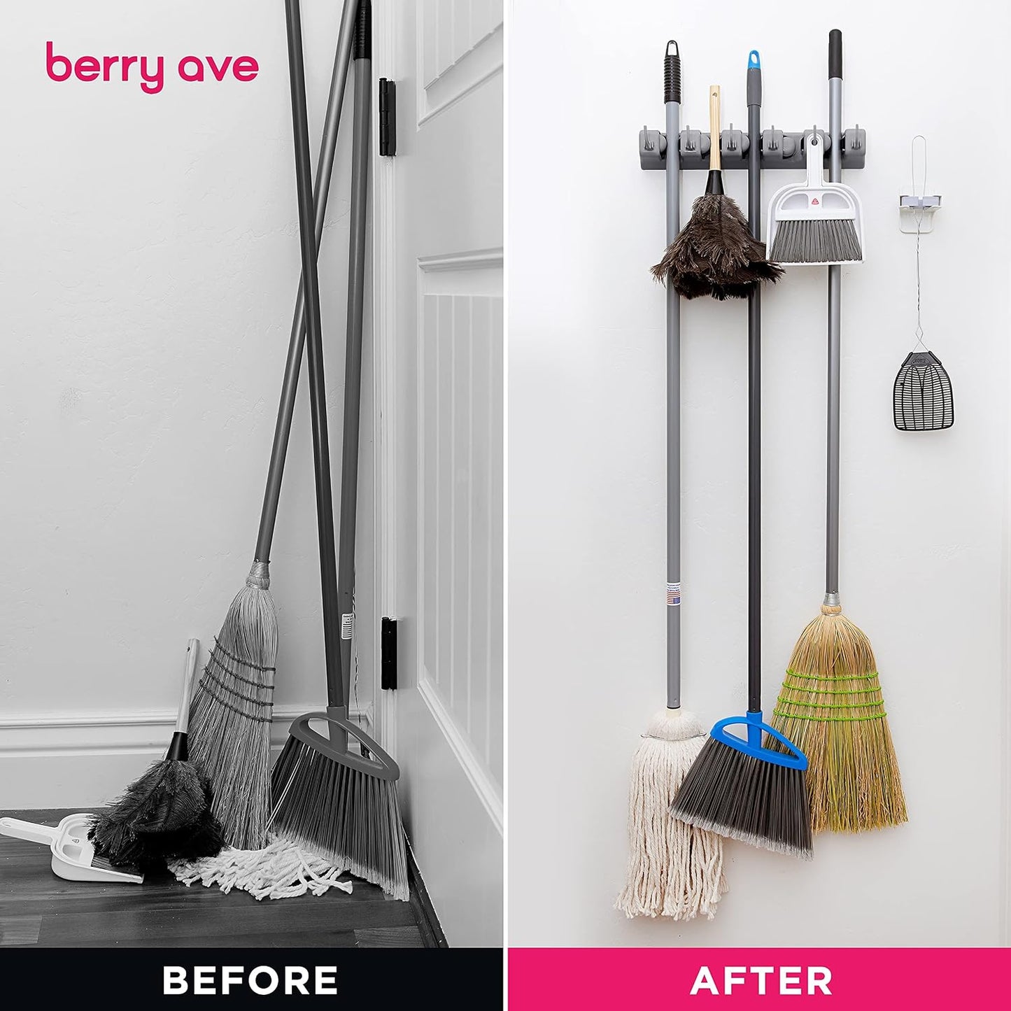 Broom Holder Wall Mount, Mop and Broom Organizer – Wall Mounted Broom Rack & Mop Rack, Rack for Brooms and Mops | Broom Hanger Wall Mount with 5 Slots & 6 Hooks, Kitchen Garage Laundry Garden
