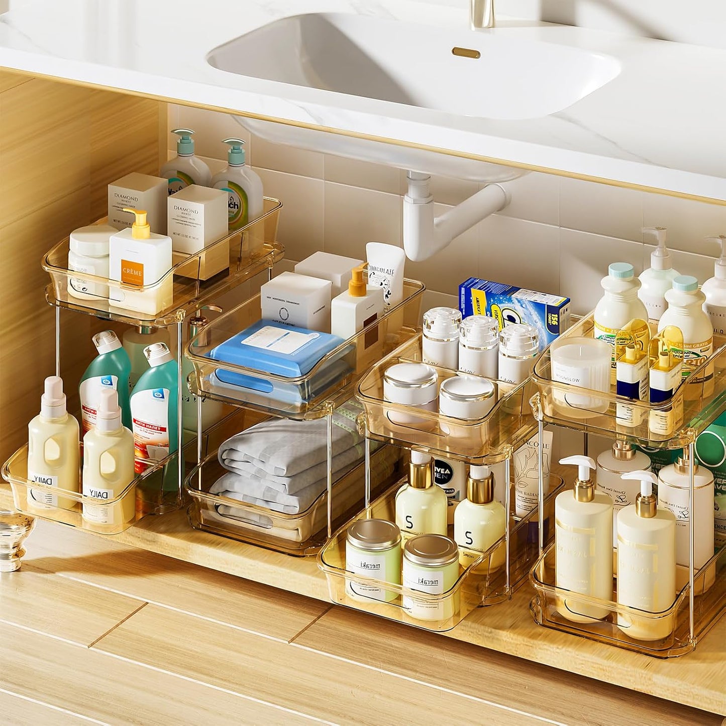 Delamu 2-Tier Under Sink Organizers and Storage, Multi-Purpose Stackable Bathroom Cabinet organizers, Pull Out Kitchen Pantry Organization and Storage with Dividers(2 Pack, Clear)
