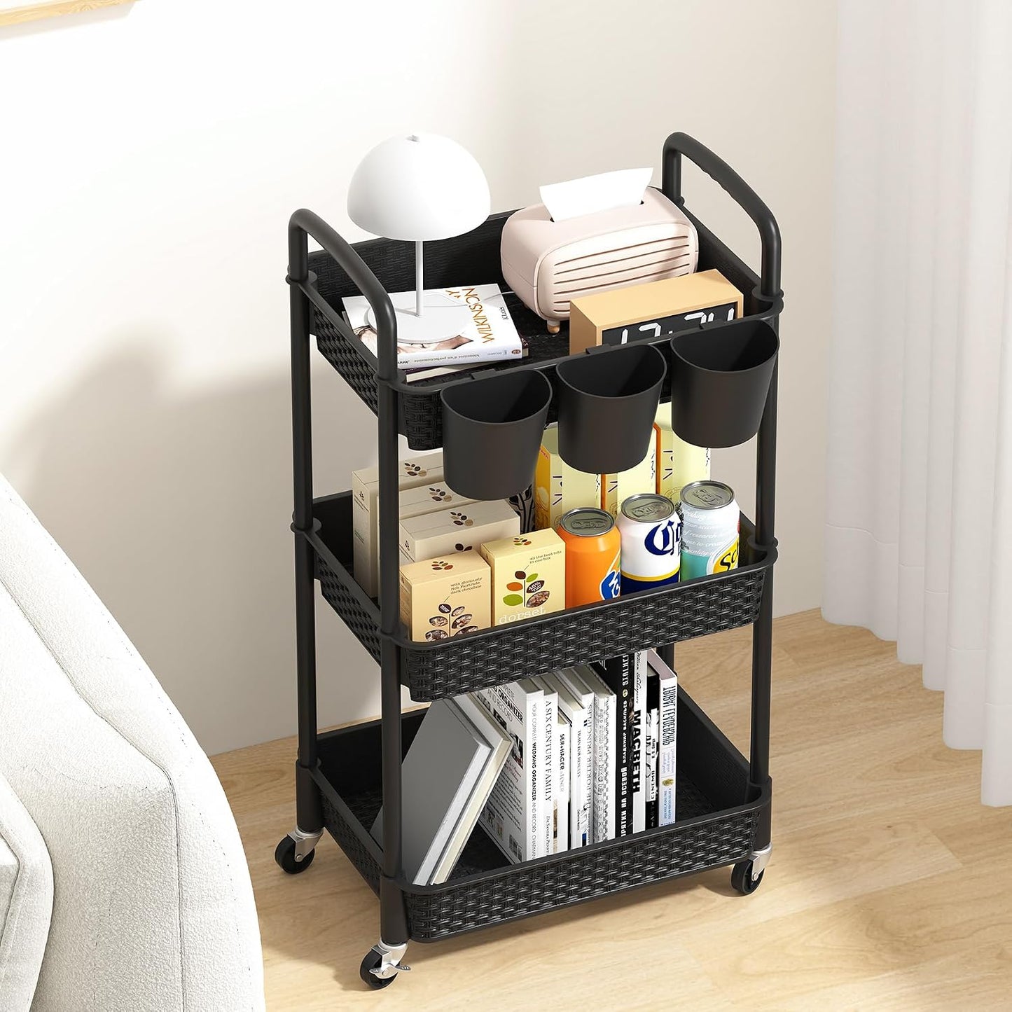 MOYIPIN 3-Tier Plastic Rolling Utility Cart with Handle,Utility Storage Cart for Office, Living Room, Kitchen,Movable Storage Organizer Shelves,White