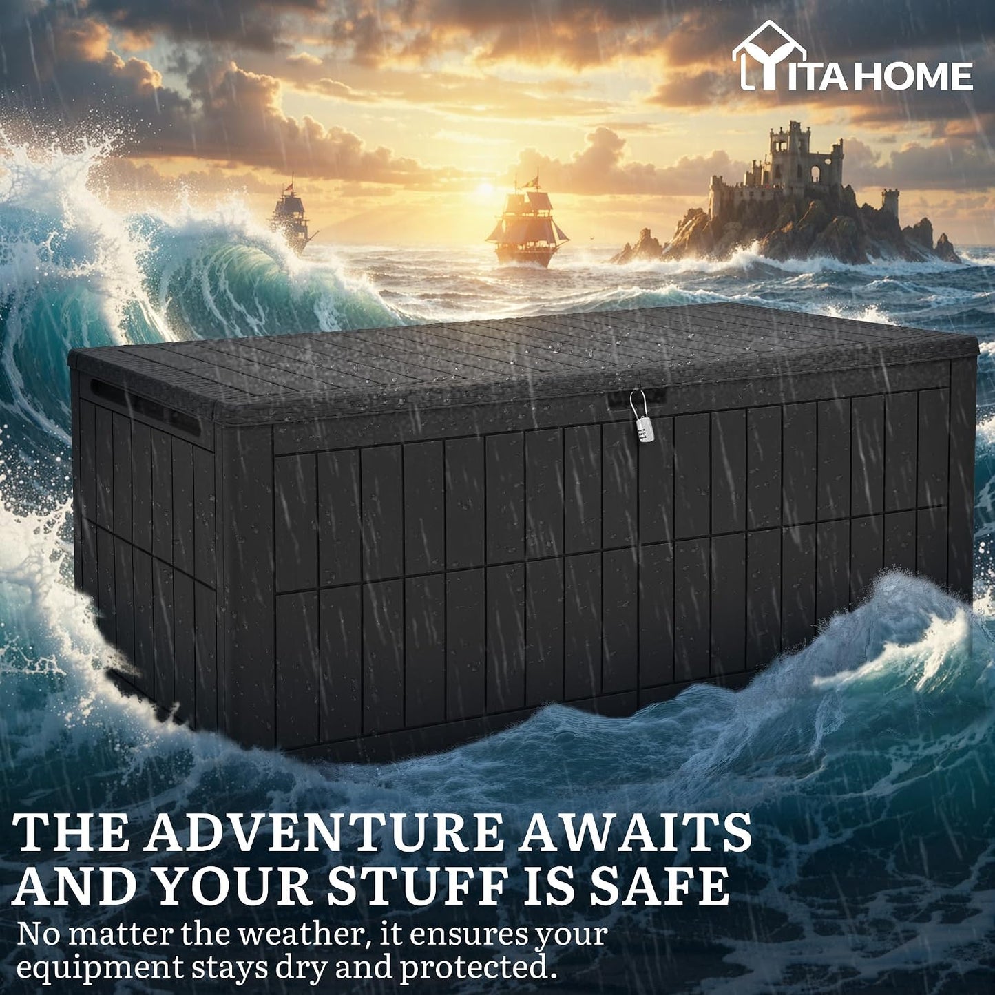 YITAHOME 134 Gallon Large Deck Box | Waterproof Resin Outdoor Storage Box with Lock, Doubles as 2-Person Bench Seating for Patio Furniture Cushions,Garden Tools &