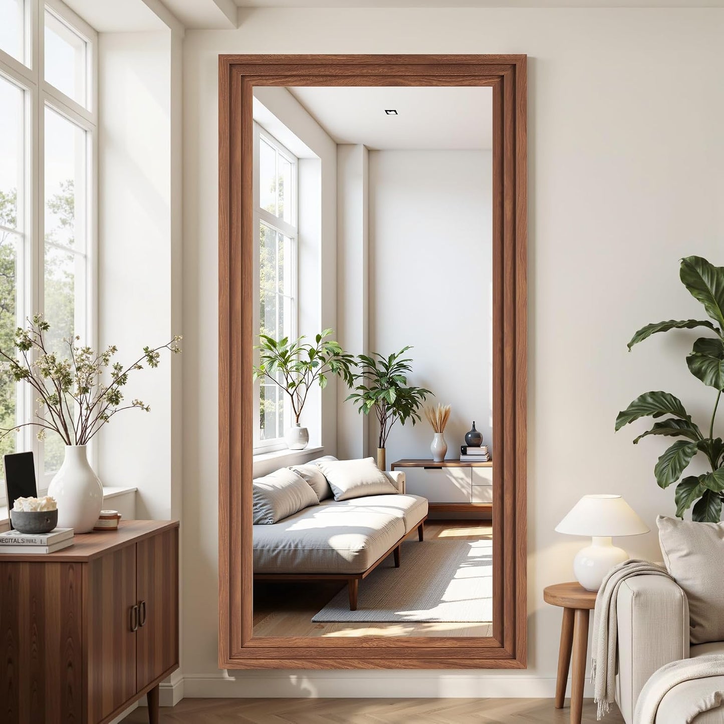 Antok Full Length Mirror with Solid Wood Frame, 71"×32" Wall Mounted Oversized Floor Mirror with Stand, Leaning Standing Hanging for Bedroom Living Room Entryway, Walnut, Arched Syle