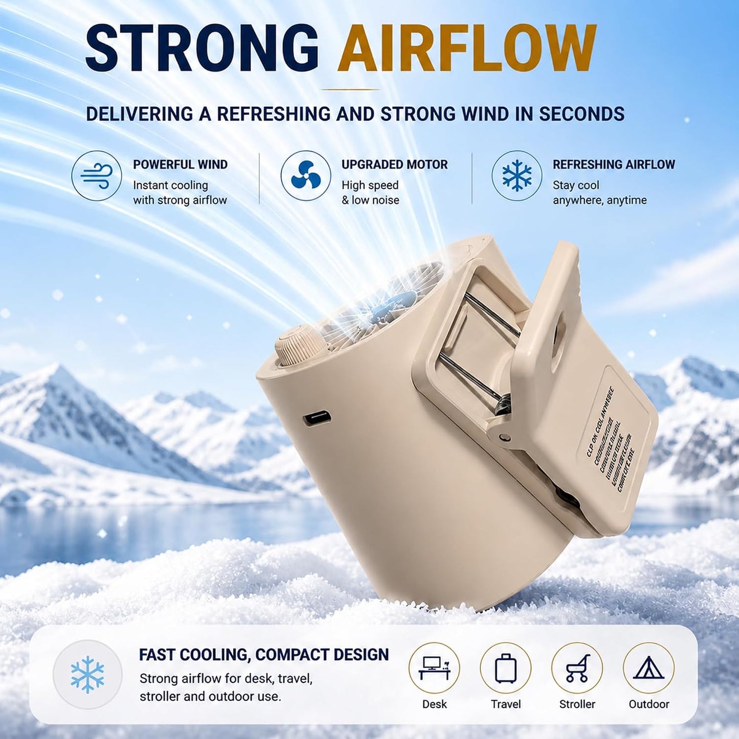 Portable Clip on Fan, 100-Speed Mini Rechargeable Personal Waist Fan | Portable personal fan with strong clamp and 360° airflow for strollers, office desks, golf carts, car seats and camping.