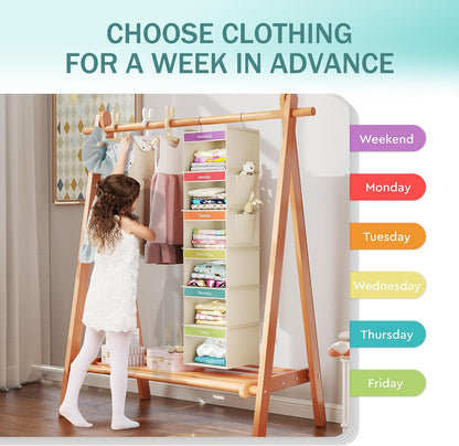 YOUDENOVA 6-Shelf Weekly Hanging Closet Organizer, Weekly Clothes Organizers for Kids with 2 Side Pockets, Pink