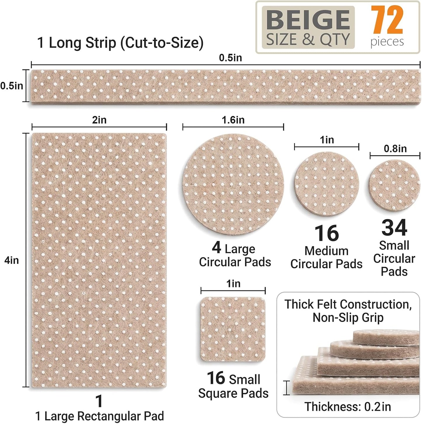 72 PCS Felt Furniture Pads, 0.2 Inch Thick Self Adhesive Furniture Floor Protectors, Round and Rectangle Felt Pads for Chair Legs, Furniture Leg Protectors for Hardwood Floors, Anti Scratch, Beige