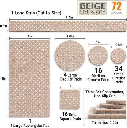 72 PCS Felt Furniture Pads, 0.2 Inch Thick Self Adhesive Furniture Floor Protectors, Round and Rectangle Felt Pads for Chair Legs, Furniture Leg Protectors for Hardwood Floors, Anti Scratch, Beige