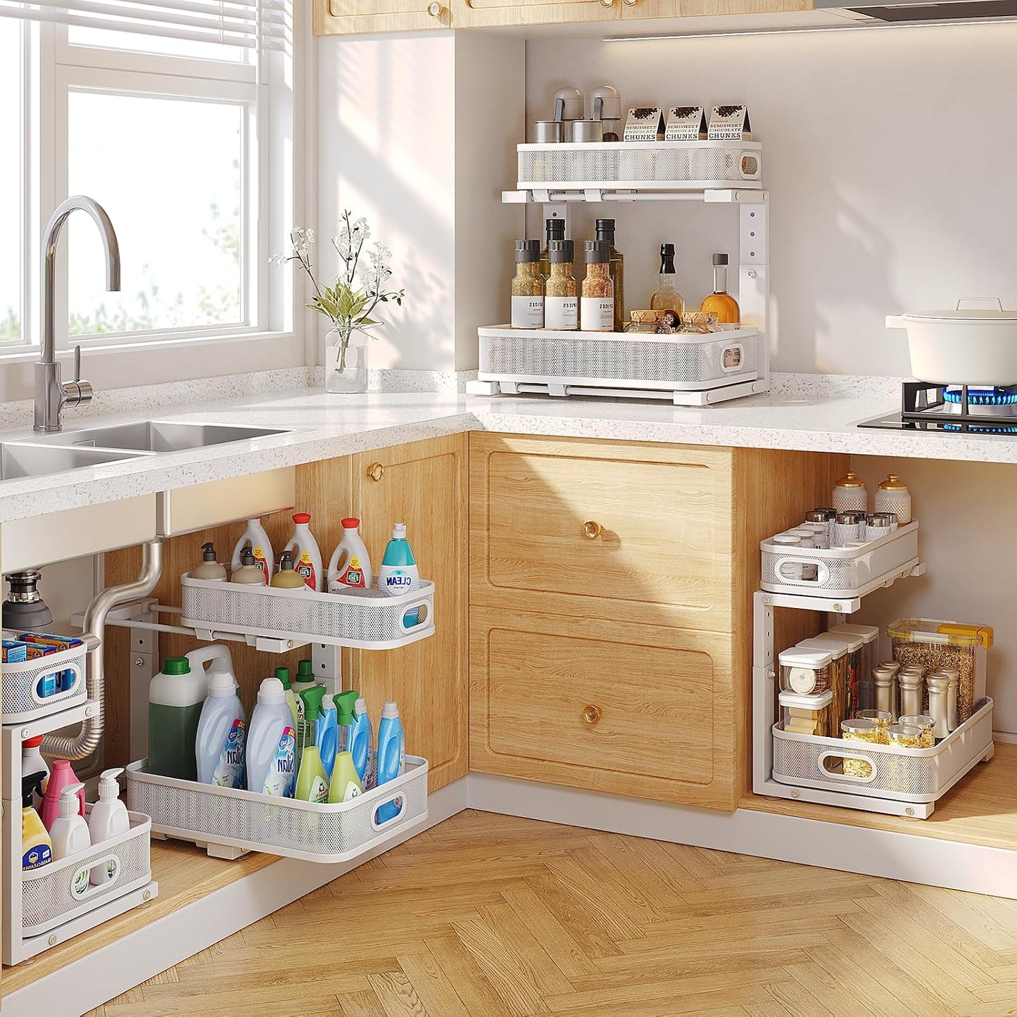 2 Pack Under Sink Organizer With Smooth Cylindrical Rail,2-Tier Pull Out Multi-Purpose Cabinet Storage for Bathroom&Kitchen,Height Adjustable,Rust-resistant Coating-White