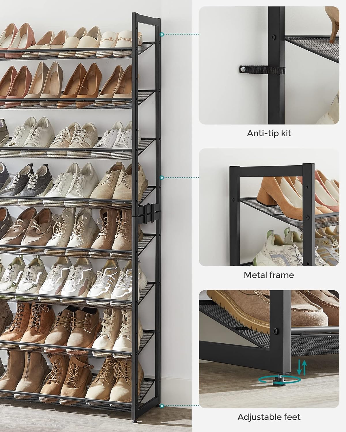 SONGMICS Shoe Rack, 12-Tier Shoe Organizer, Metal Shoe Storage for Garage, Entryway, Set of 2 6-Tier Stackable Shoe Shelf, with Adjustable Flat or Angled Shelves, Holds 48-60 Pairs, Black ULMR12B
