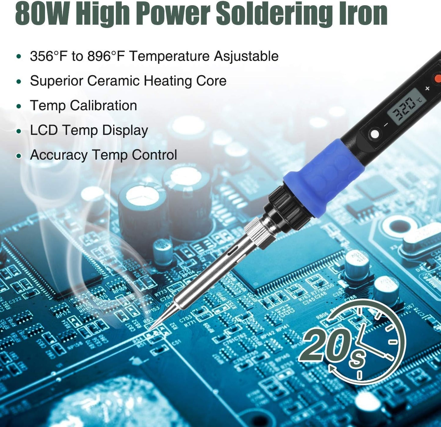 Soldering Iron Kit, 80W 110V LCD Digital Solder Iron Pen with Ceramic Heater, Portable Welding Tools with 5pcs Tips, Stand, Solders Wire, Sponge, Paste, for Metal,Electric Repairs, DIY