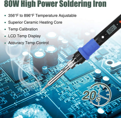 Soldering Iron Kit, 80W 110V LCD Digital Solder Iron Pen with Ceramic Heater, Portable Welding Tools with 5pcs Tips, Stand, Solders Wire, Sponge, Paste, for Metal,Electric Repairs, DIY