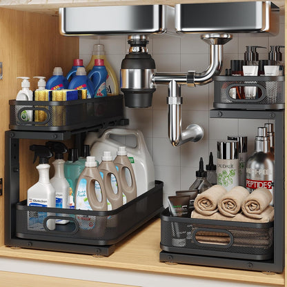 2 Pack Under Sink Organizer With Smooth Cylindrical Rail,2-Tier Pull Out Multi-Purpose Cabinet Storage for Bathroom&Kitchen,Height Adjustable,Rust-resistant Coating-White