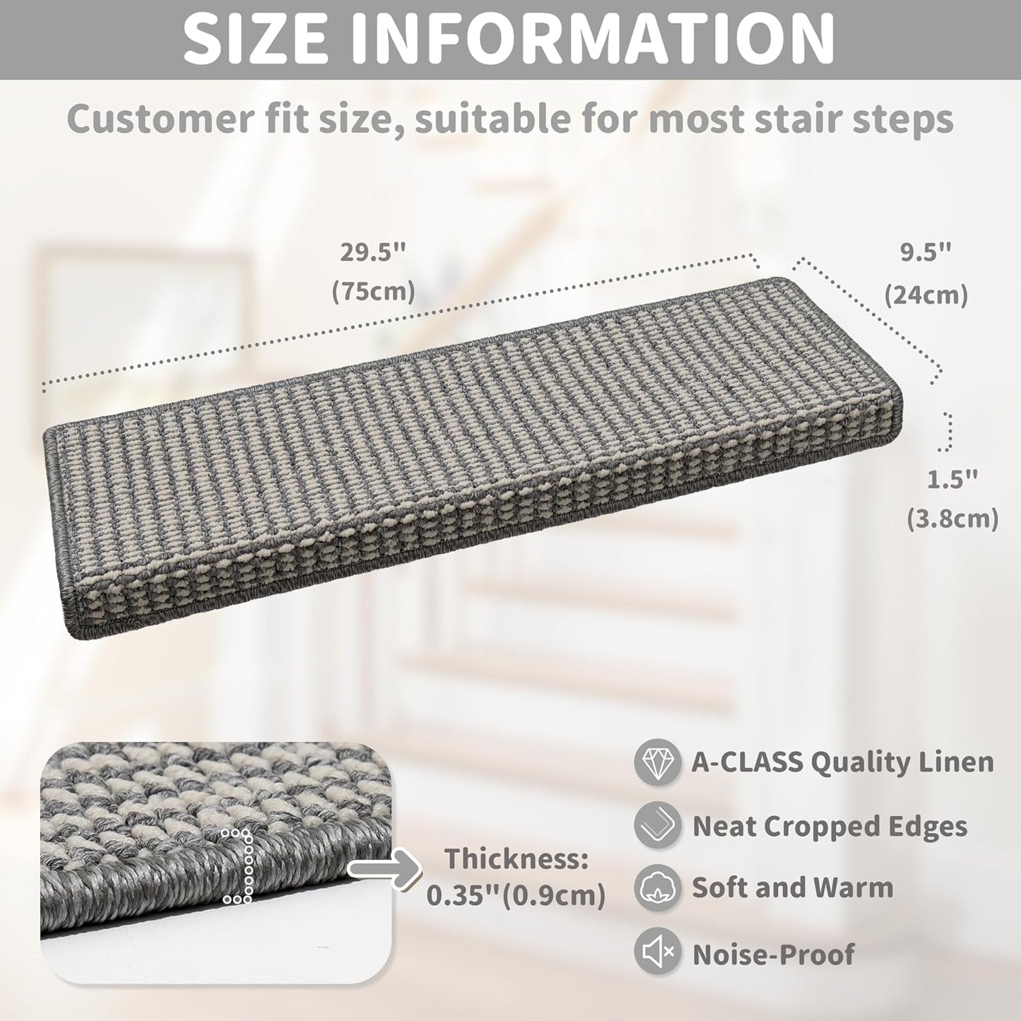 Brakki Bullnose Carpet Stair Treads, Non Slip Stair Treads for Wooden Steps Indoor, Stair Runner, Soft Stair Rugs, Edging Stair Protectors, Washable, 29.5"x9.5"x1.5" 14pcs, Beige