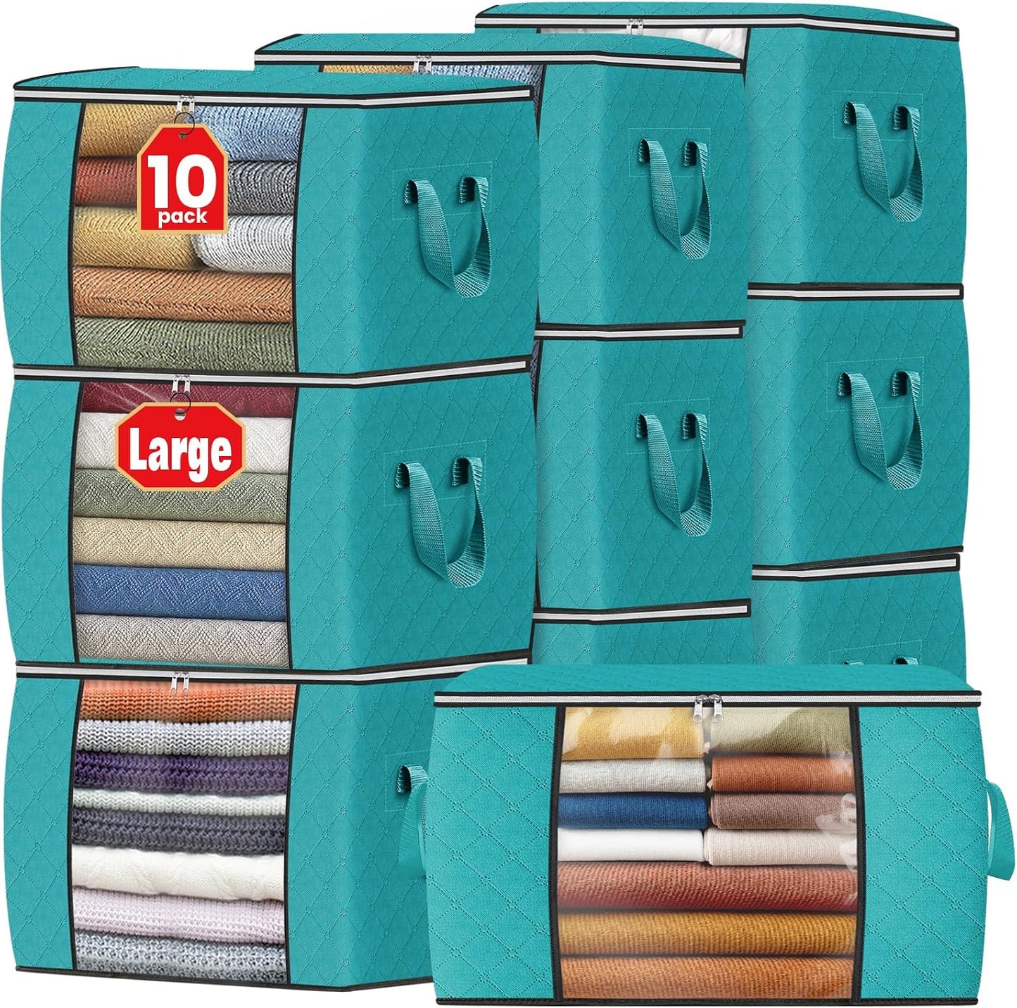 Fab totes 6 Pack Storage Bags for Clothes and Blanket, Foldable Closet Organizers and Storage with Zippers, Clear Window and Handles, Fabric Storage Bins for Sweater, Comforter, Bedding,Linen Sheets