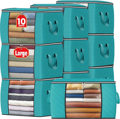 Fab totes 6 Pack Storage Bags for Clothes and Blanket, Foldable Closet Organizers and Storage with Zippers, Clear Window and Handles, Fabric Storage Bins for Sweater, Comforter, Bedding,Linen Sheets
