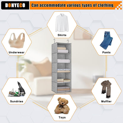 Hanging Closet Organizer 3-Shelf, Oxford Fabric Wardrobe Storage, Gray | Easy-mount foldable design holds clothes, handbags, shoes & accessories; washable Oxford fabric, sturdy and space-saving.