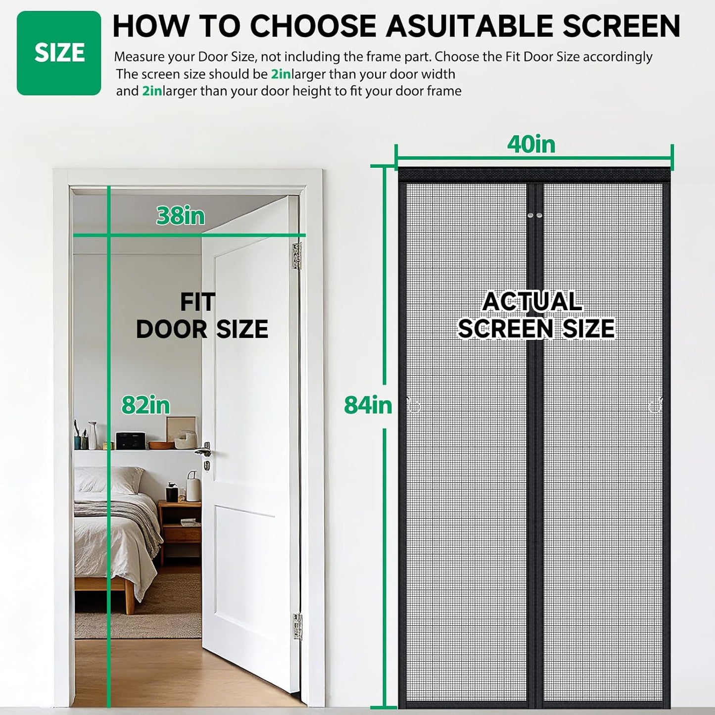 HOFUDON Upgraded Magnetic Screen Door Mesh, Full Strip Magnets, Heavy Duty Fiberglass Mesh, Door Screen Magnetic Closure for Single Door Size 32 x 80 Inch, Screen Door Size 35 x 82 Inch Black
