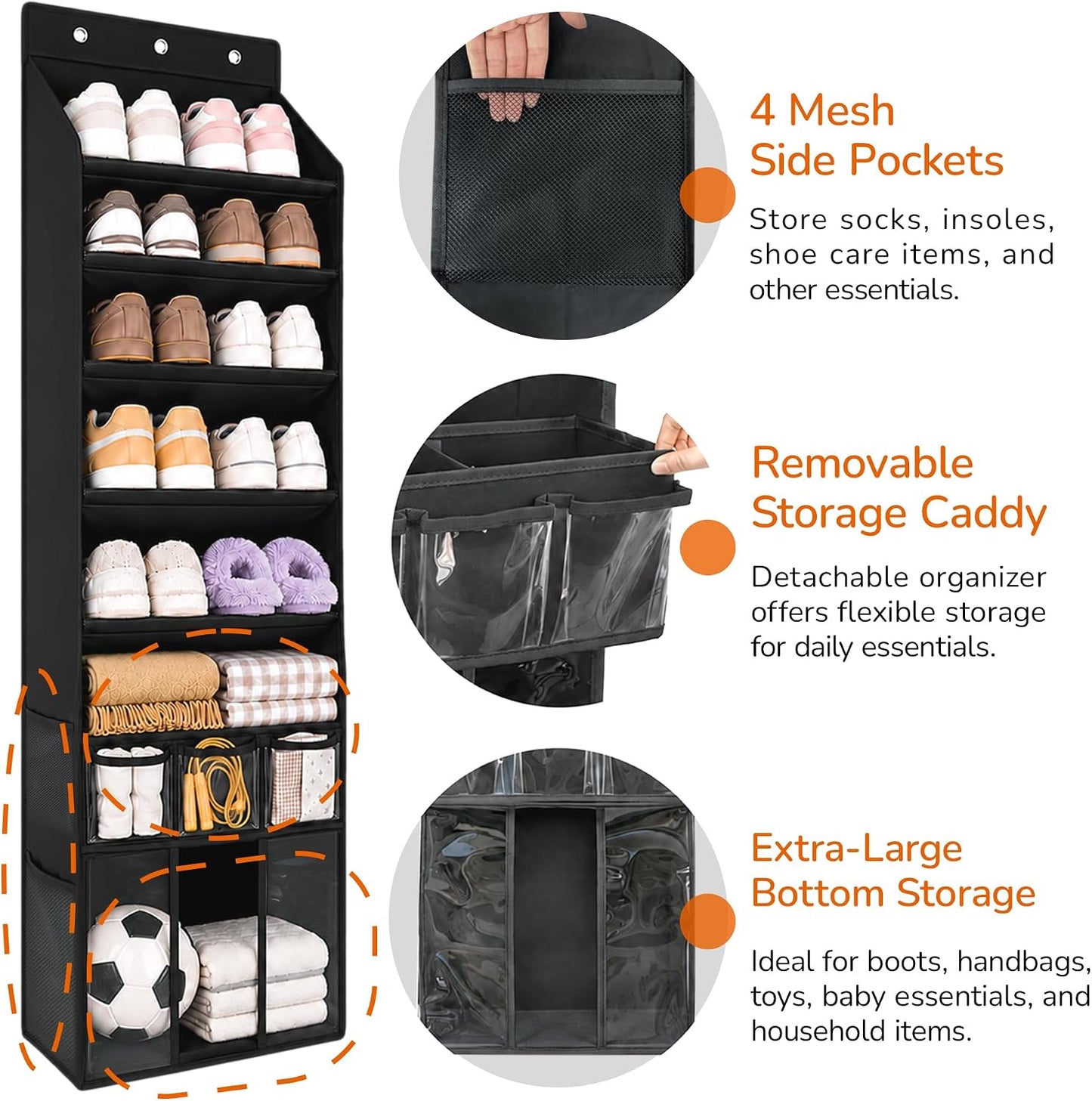3in1 Over The Door Shoe Organizer with 5 Slanted Compartments,Removable Storage Bin & Transparent Pockets,Thickened Waterproof Oxford Fabric Shoes Rack for Shoes,Boots,Toys,Daily Essentials. (Beige)