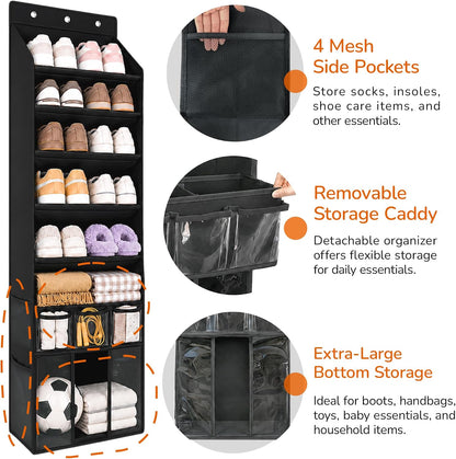 3in1 Over The Door Shoe Organizer with 5 Slanted Compartments,Removable Storage Bin & Transparent Pockets,Thickened Waterproof Oxford Fabric Shoes Rack for Shoes,Boots,Toys,Daily Essentials. (Beige)