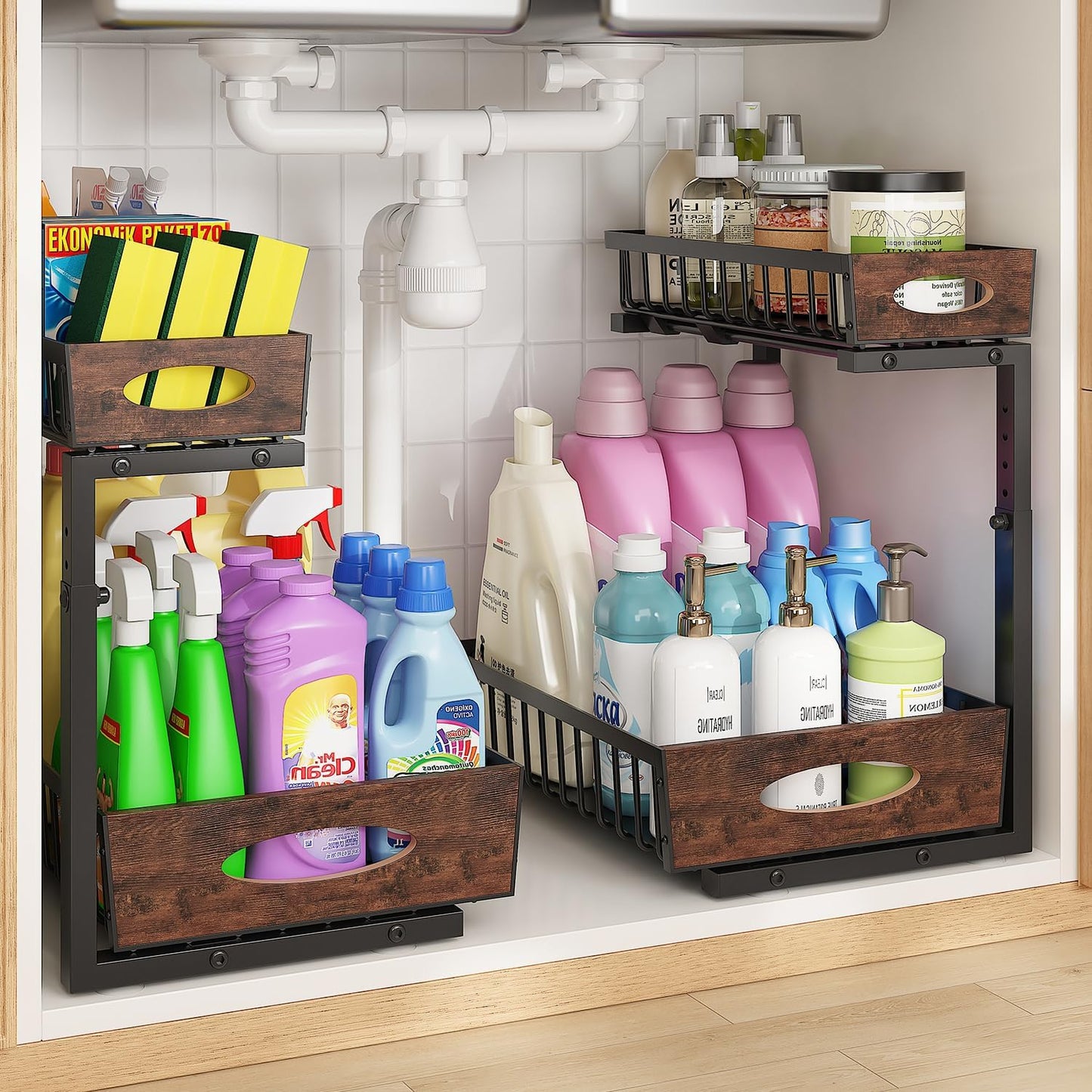 2-Tier Under Sink Organizer with Wooden Drawer Handle, 2 Pack Adjustable Height Pull Out Cabinet Organizer Shelf,Slide out Storage Drawer Rack for Kitchen Bathroom Laundry Room Pantry (Black)