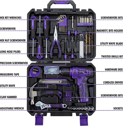 CARTMAN 150PCS 8V Cordless Drill Hand Tool Set, Purple Household Repair Kit | All-Inclusive Tool Assortment With 8V Drill, Great For Home Upkeep, DIY Crafting And Daily Household Fixes