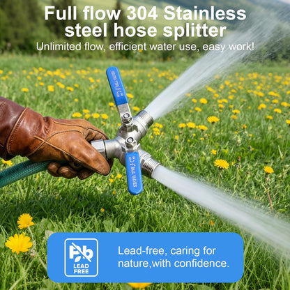Garden Hose Splitter 2 Way, 304 Stainless Steel Heavy Duty Y Valve, Full Flow with Long Handle, Independent Shutoff Valves, Lead-Free 3/4" GHT Thread Outdoor Faucet Adapter