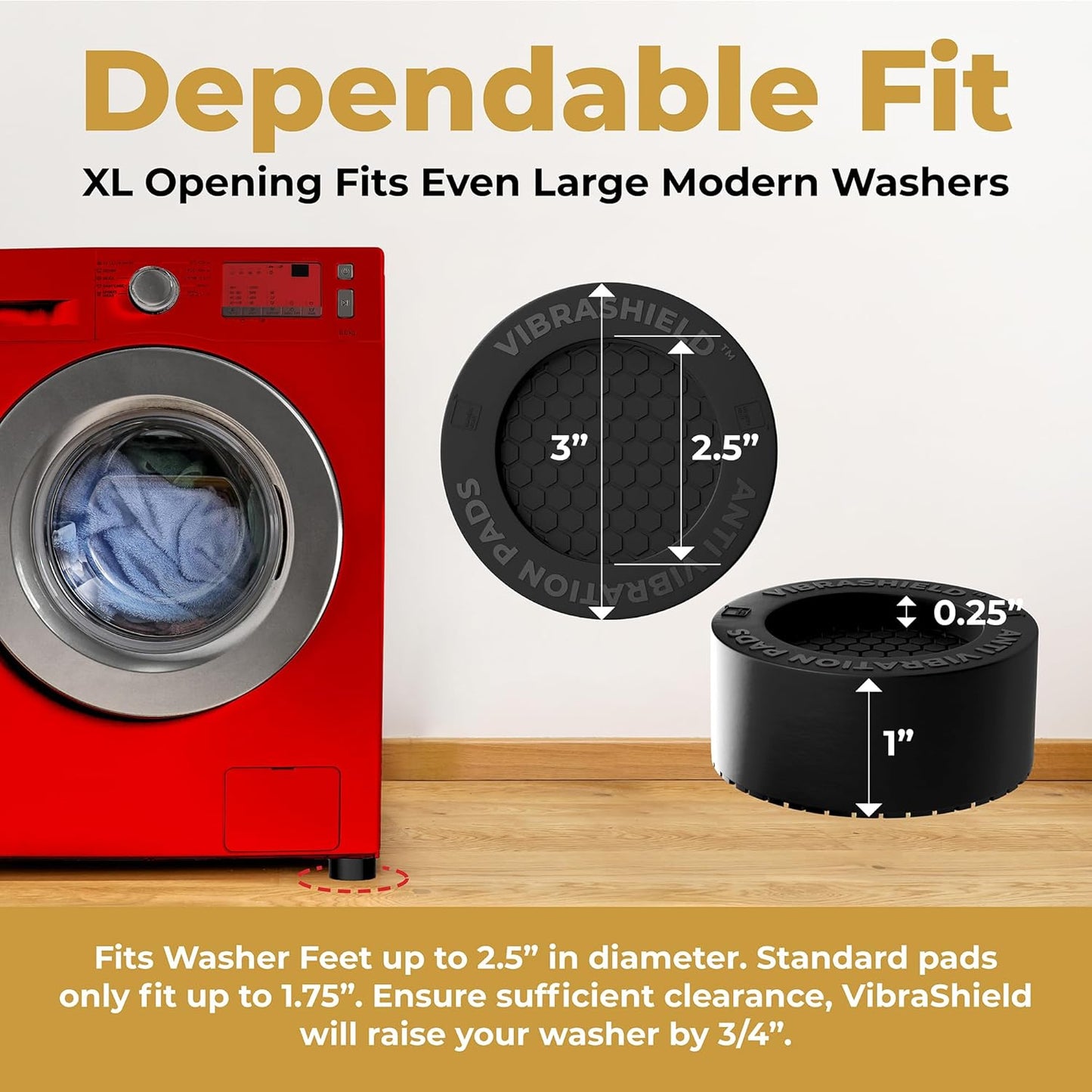 Anti Vibration Pads for Washing Machine with HexaGrip - Stops Washer Dryer Moving, Walking - Prevents Noise, Vibration Transfer - Rubber Antivibration Stabilizer Support Feet Mat - VIBRASHIELD 4 Pack