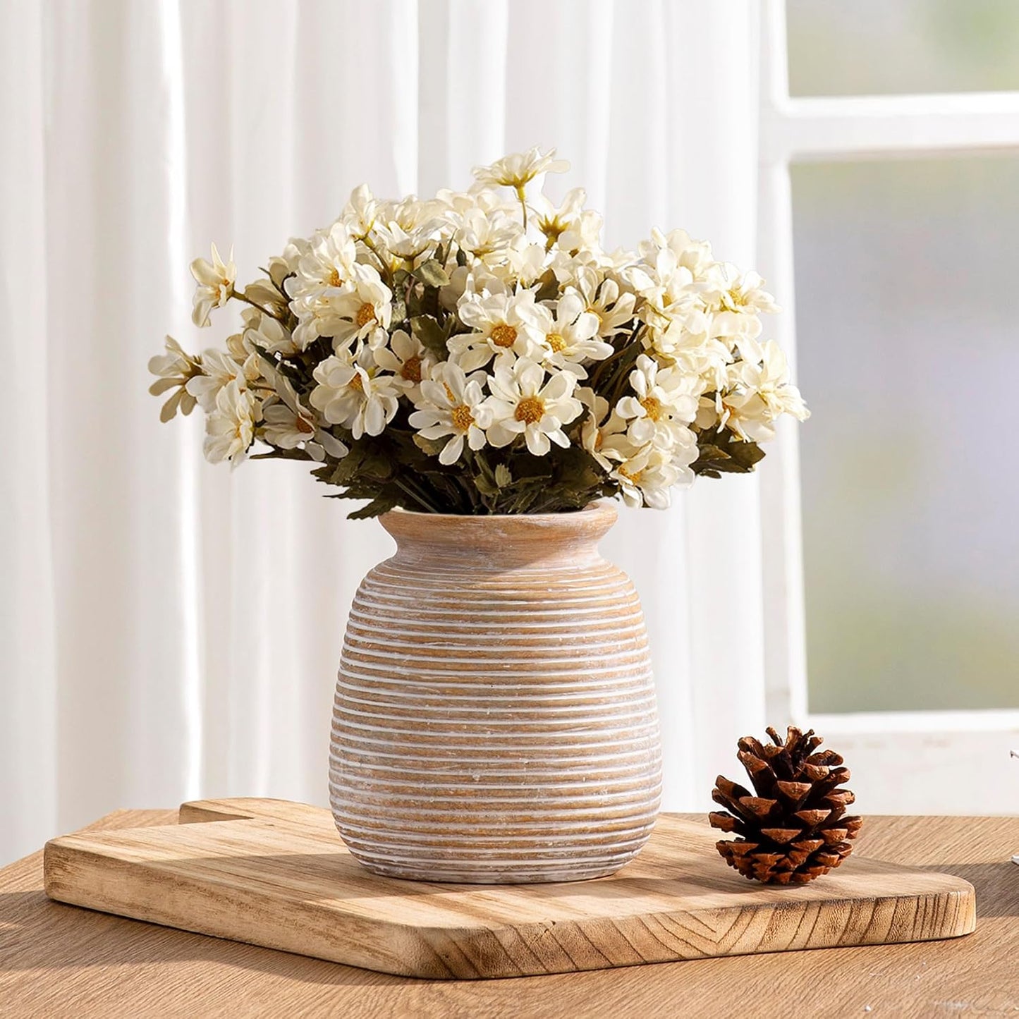 Ceramic Flower Vase, Small Rustic Farmhouse Vases Home Decor, Short Pottery Decorative Pampas Vase for Table Living Room Entryway Mantel Bookshelf Bedroom Bathroom Kitchen - 6" W