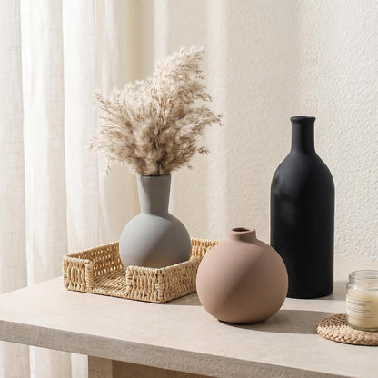 Ceramic Vase Set of 3, Modern Minimalist Neutral Home Decor, Boho Rustic Farmhouse Decorative Vases for Pampas Grass Dried Flowers | Table Centerpiece Entryway Mantel Bookshelf(Black Mix Set - Gray#1)