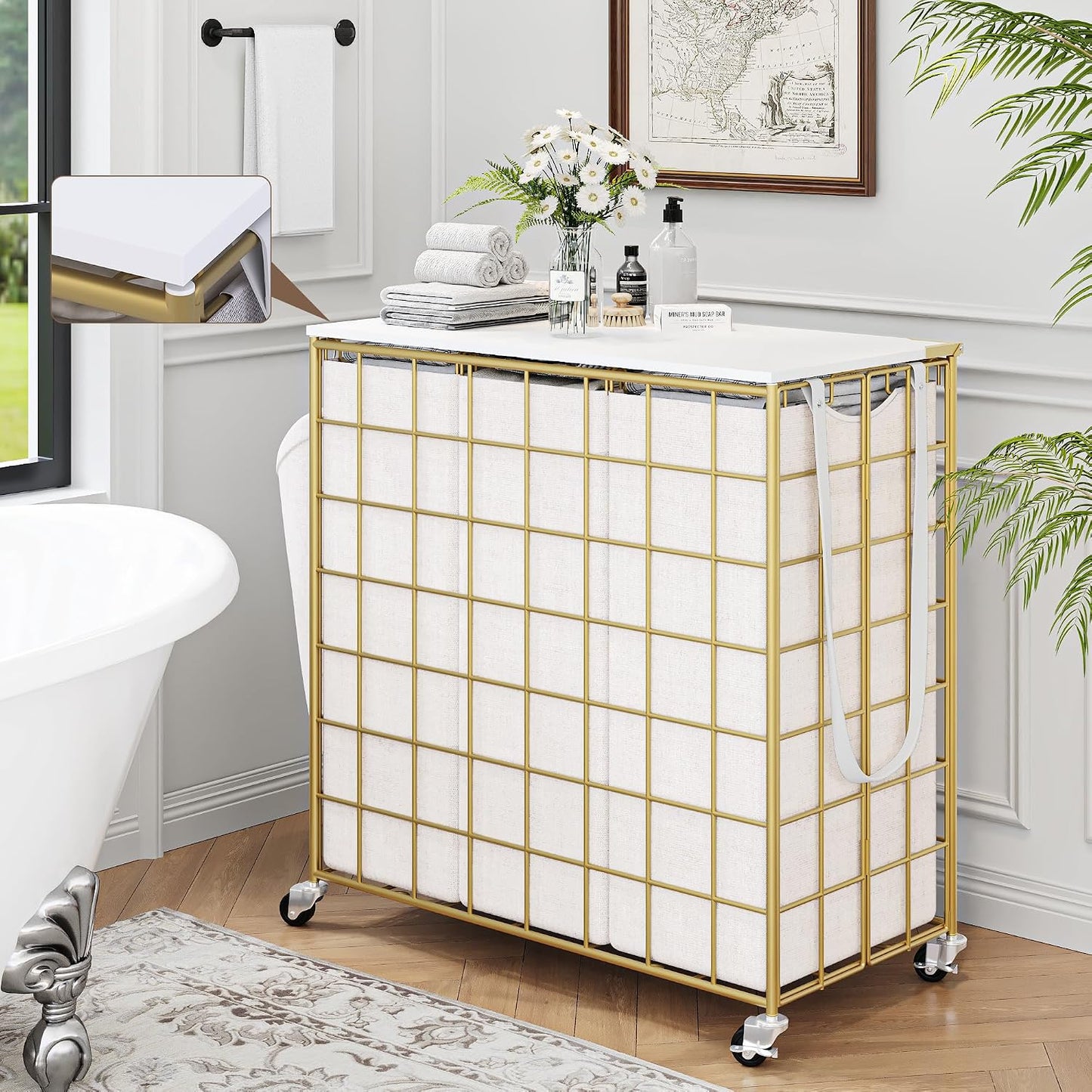 Laundry Basket with Wheels, Heavy Duty Laundry Sorter 2 Sections, 120L (32Gal.) Large Capacity Laundry Hamper with Wood Lid, 360 Rolling Wheels, Extra Side Pocket, Leather Pull Handle, Beige