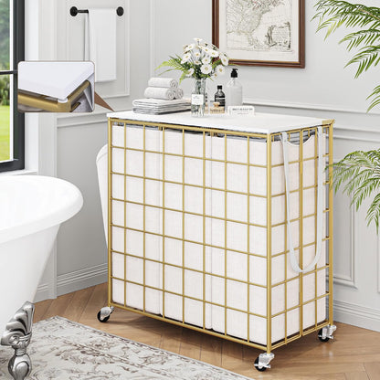Laundry Basket with Wheels, Heavy Duty Laundry Sorter 2 Sections, 120L (32Gal.) Large Capacity Laundry Hamper with Wood Lid, 360 Rolling Wheels, Extra Side Pocket, Leather Pull Handle, Beige