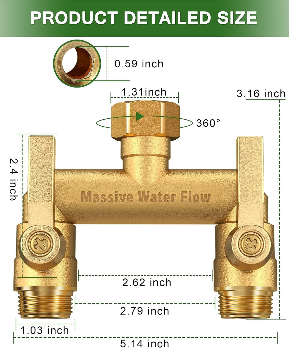 Hose Splitter 2 Way Heavy Duty, Solid Brass Full Flow Outdoor Faucet and Garden Hose Splitters, Water Spigot Splitter T Adapter, All Metal Water Connector with Shut-Off Valve, 3/4 - Inch GHT Thread