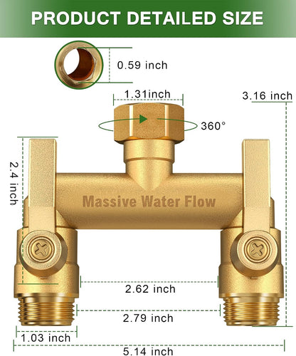 Hose Splitter 2 Way Heavy Duty, Solid Brass Full Flow Outdoor Faucet and Garden Hose Splitters, Water Spigot Splitter T Adapter, All Metal Water Connector with Shut-Off Valve, 3/4 - Inch GHT Thread