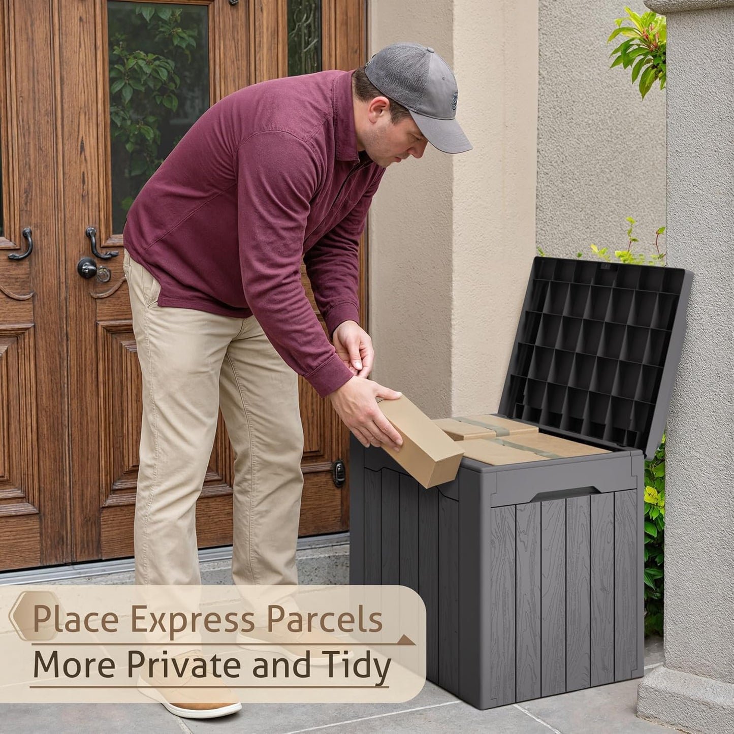 Flamaker Outdoor Storage Box 80 Gallon Resin Waterproof Deck Box Delivery Box with Wood Texture Large Storage Bin for Patio Cushions, (Grey)