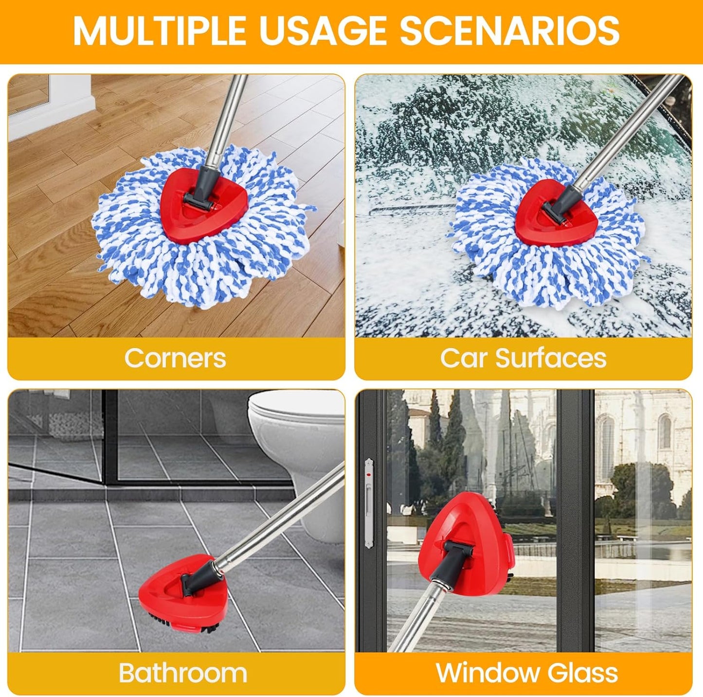 Mop Heads Replacements for OCedar RinseClean 2 Tank Spin Mop System, Mop Replace Head with 2 Microfiber Mop Head Refills, 2 Chenille Mop Pads,1 Scrub Brush, and 1 Mop Base Set Combo