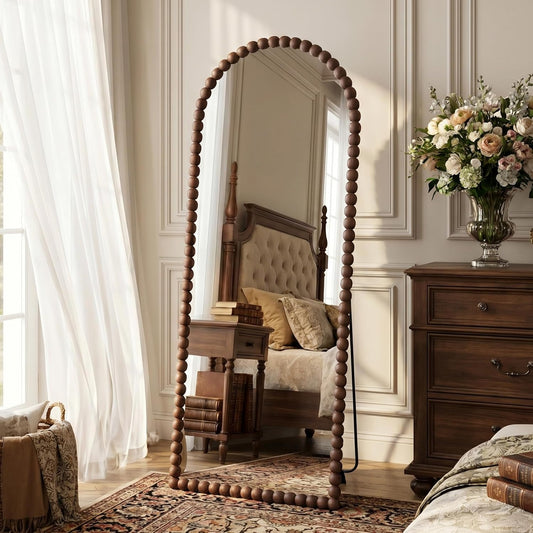 Antok 58" x 21" Arched Full Length Mirror, Antique Beaded Frame Floor Standing or Wall Mounted Mirror with Stand for Bedroom, Entryway, Brown, Luxury Style