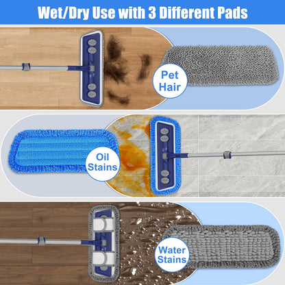 Microfiber Mops for Floor Cleaning - Dust Mop for Hardwood Floors with 55” Adjustable Handle 3 Thickened Washable Pads - Wet Dry Mopping for Pet Hairs Walls Tile Wood Laminate Home Kitchen